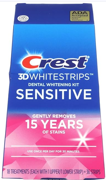 Crest 3D Whitestrips - Kit de blanqueamiento dental sensible en casa, 18 tratamientos, elimina suavemente 15 años de manchas, Crest Whitestrips, kit de blanqueamiento de dientes