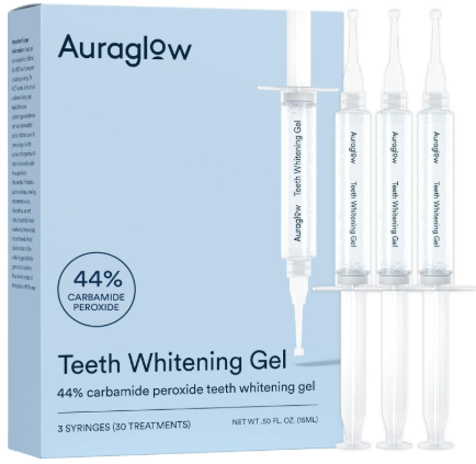 Gel blanqueador Auraglow, jeringa paquete de relleno, 44% Peróxido de Carbamida, (3) Jeringas de 0.17 onzas líquidas, +30 tratamientos.