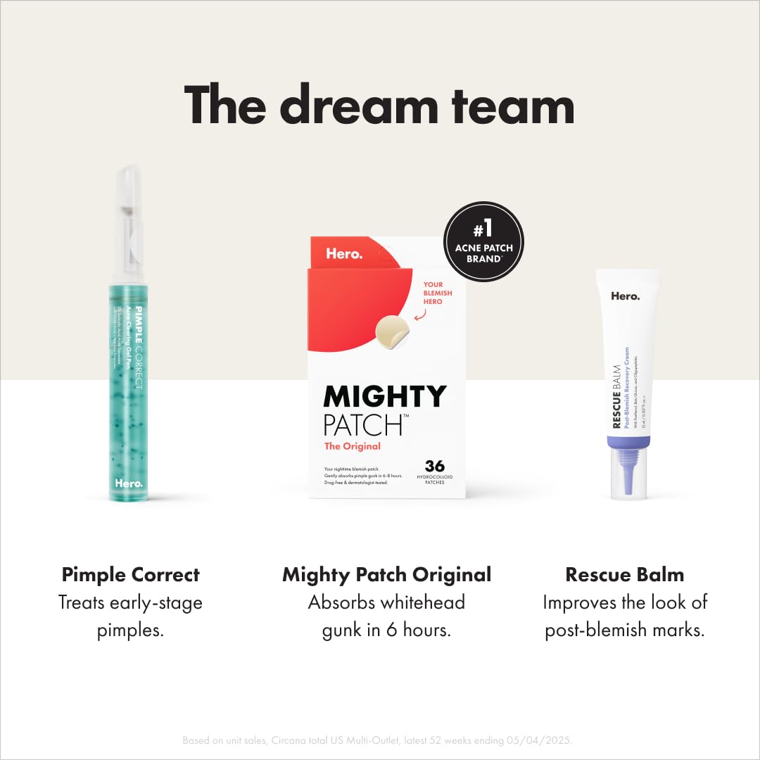 Mighty Patch™ Parche original de Hero Cosmetics: el parche hidrocoloide #1 para granos de acné para reducir granos y puntos blancos en 1 uso; calcomanías nocturnas para cara y piel (36 unidades)