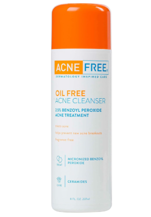 AcneFree Limpiador sin aceite sin acné, peróxido de benzoilo al 2.5% con ácido glicólico para prevenir y tratar brotes sin perfume, 8 onzas líquidas